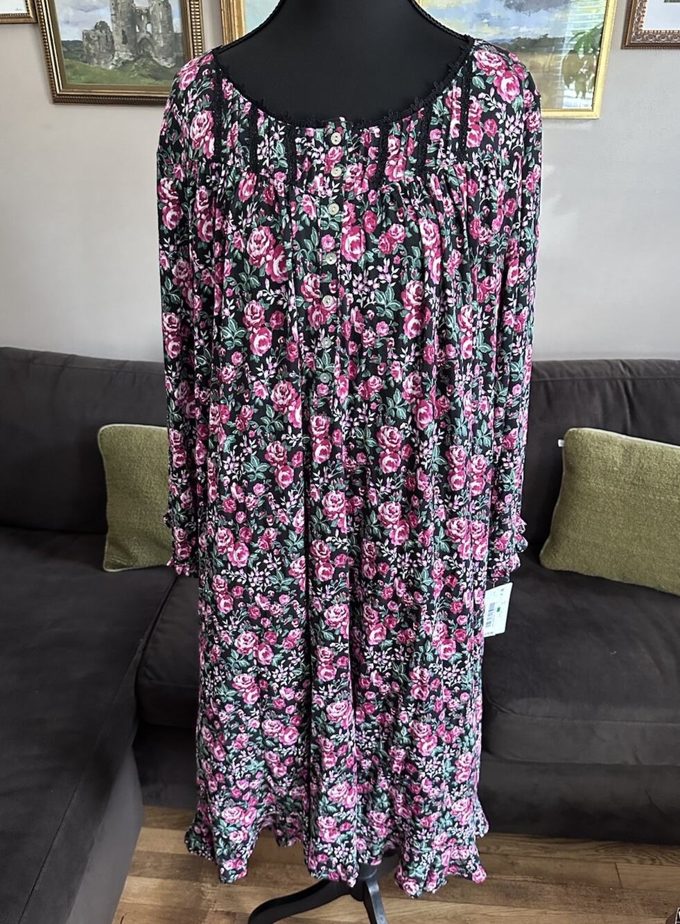 Eileen West Nightgown Large Womens Pink Black Rose Floral Cottagecore Whimsy New
